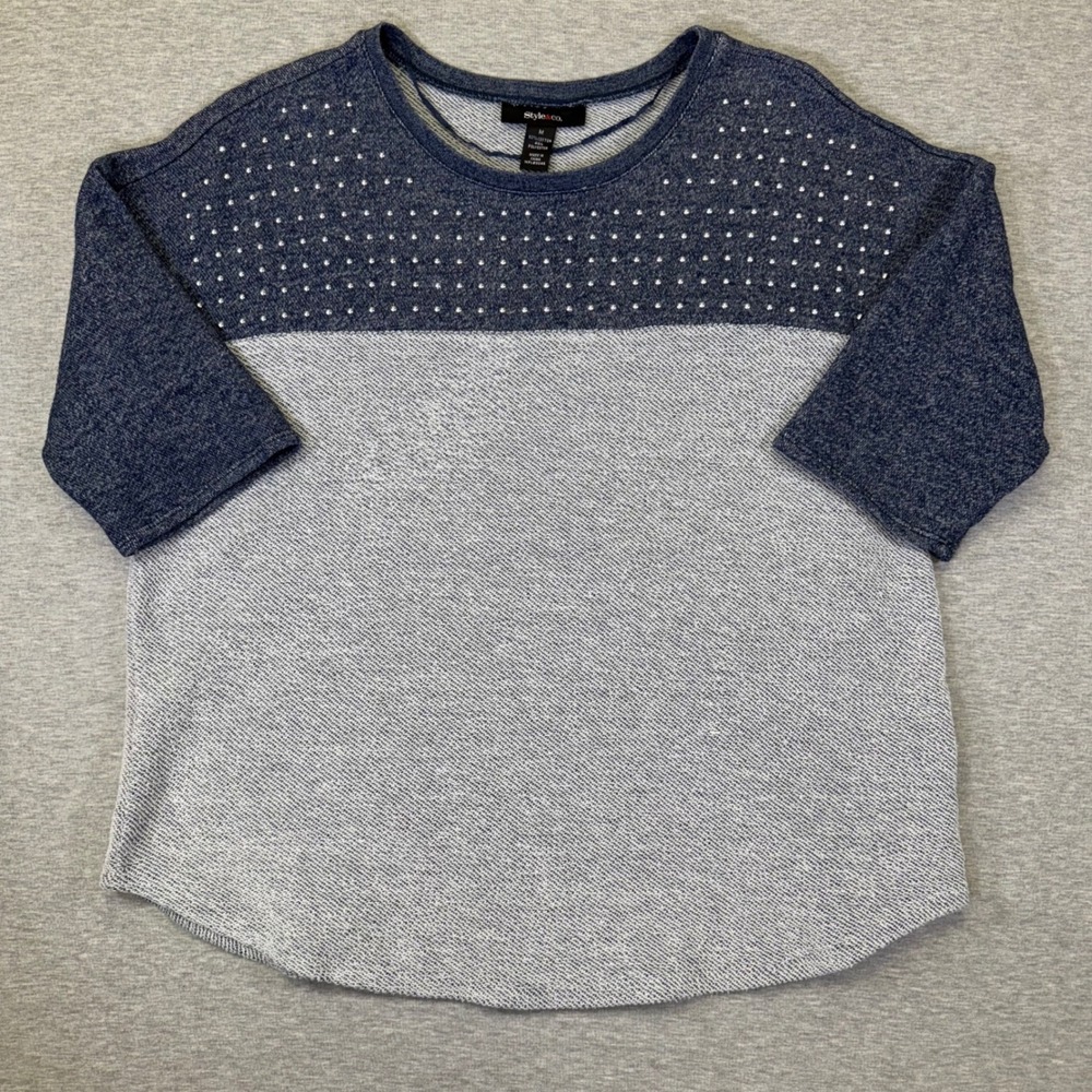 Style & Co‎ Women Blue Gray Colorblock Studded French Terry Top Size M